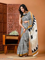 JAIPURI PRINT Women's Ikat Hand Block Print Pure 100% Cotton Mulmul Saree With Blouse