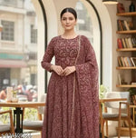 Women's Rayon Maroon Anarkali Printed Kurta with Dupatta Set