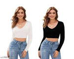 Casual Polyester Blend V-Neck Full Sleeves White Crop Top (17
