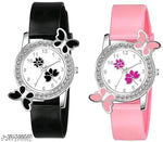 Isa Analogue Butterfly Flower Design Dial PU Strap Analog Girl's and Women's Watch (BLACK,PINK-Pack of 2)