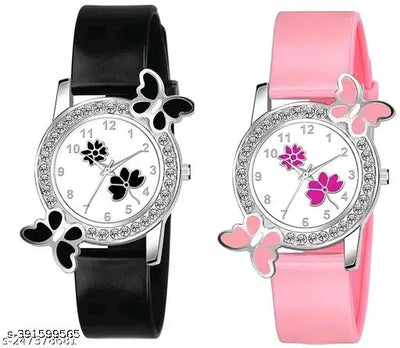 Isa Analogue Butterfly Flower Design Dial PU Strap Analog Girl's and Women's Watch (BLACK,PINK-Pack of 2)