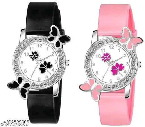 Isa Analogue Butterfly Flower Design Dial PU Strap Analog Girl's and Women's Watch (BLACK,PINK-Pack of 2)