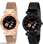 Isa Analogue Butterfly Flower Design Dial PU Strap Analog Girl's and Women's Watch (BLACK,PINK-Pack of 2)