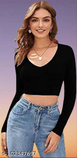 Casual Polyester Blend V-Neck Full Sleeves White Crop Top (17