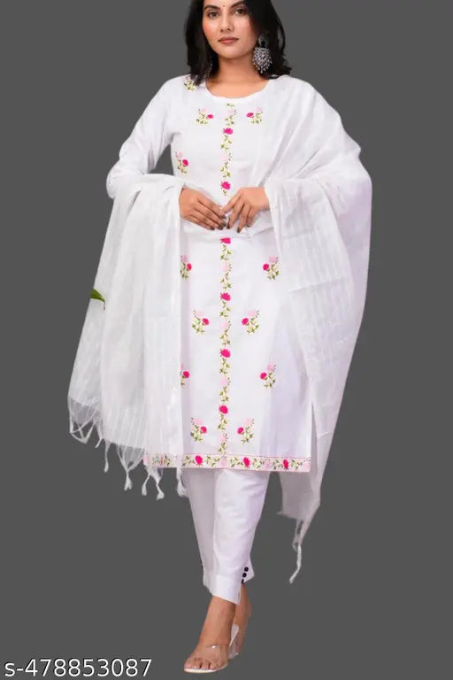 Women'S Cotton Printed Floral Straight Kurta With Pants And Dupatta