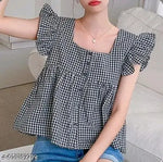 YELLOW CASUAL GINGHAM COTTON WESTERN STYLISH WOMENS TOP FOR GIRLS