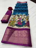 Dola Silk Saree With Jacquard Gap Bodar Kalamkari Print