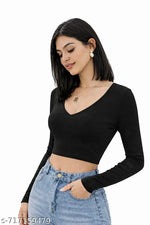Casual Polyester Blend V-Neck Full Sleeves White Crop Top (17