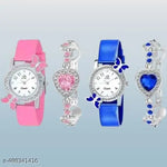 Isa Analogue Butterfly Flower Design Dial PU Strap Analog Girl's and Women's Watch (BLACK,PINK-Pack of 2)