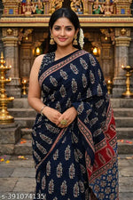 Latest Pure Cotton Mulmul Saree Hand Block Printed,Mulmul Cotton,Hand Printed,Handloom Bagru Print Saree In Multicolour