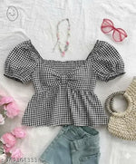 YELLOW CASUAL GINGHAM COTTON WESTERN STYLISH WOMENS TOP FOR GIRLS