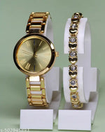 New Arrivals Festive Seasonal Stylish Throns Fit Round Ad Solid Gold Dial Metal Chain Belt Analog Watch with Attractive Diamond Studded Bracelet Combo for Women & Girls.