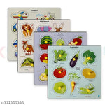 Set of 4 Wooden Knobbed Puzzle Include Wild Animal, Fruits, Transport, Vegetables - Wooden puzzle toys | Best Birthday Gift for Kids Ages 3 to 8 (Size 23x30 CM) Multicolor