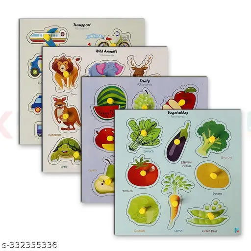 Set of 4 Wooden Knobbed Puzzle Include Wild Animal, Fruits, Transport, Vegetables - Wooden puzzle toys | Best Birthday Gift for Kids Ages 3 to 8 (Size 23x30 CM) Multicolor