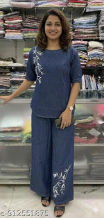 Trendy Women's Blue Denim Set – Embroidered Leaf Design – Top & Palazzo Pants Combo