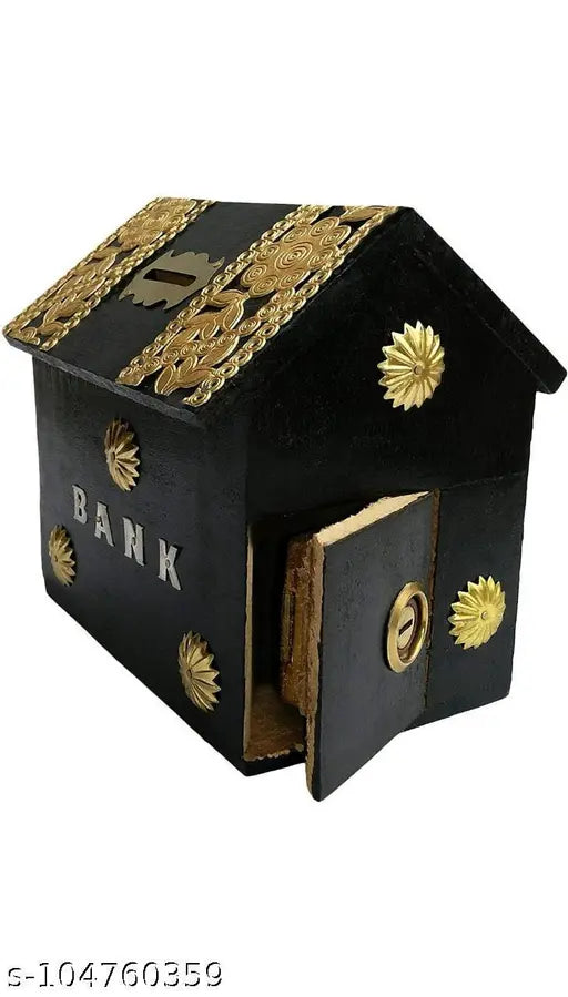 Alifer Shoppee Handmade Wooden Money Bank Hut Style Kids Piggy Coin Box HUT Shape Piggy Bank/Money Bank for Kids and Adult (Black) Gifts for Kids
