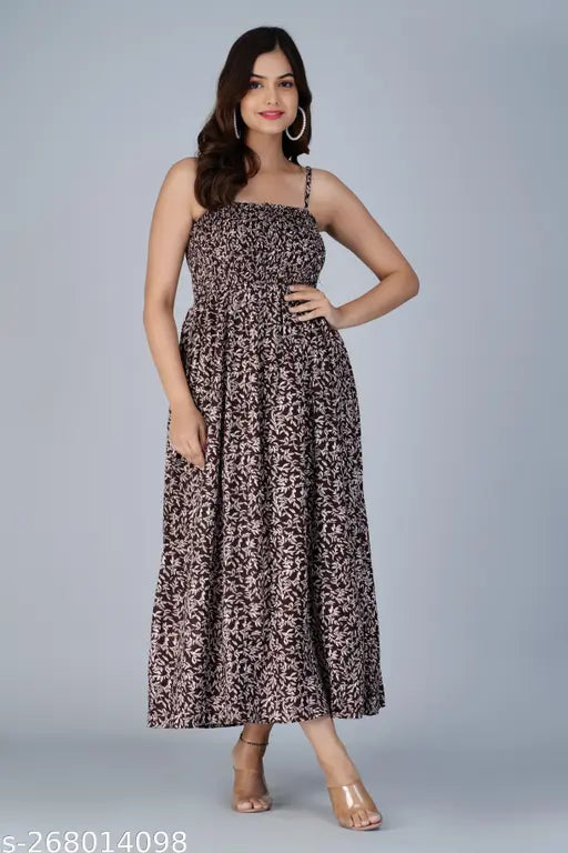 Samragyi women's stylish PURE & 100% RAYON (NO CREPE/POLYSTER) rayon leaf printed brown long off shoulder strap sleeveless high and good quality gowns Dresses for women and girls long dress sleeveless dress sleeveless dress for women and girls
