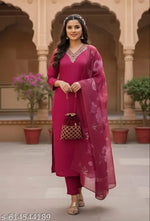Viscose Rayon Kurta Pant Dupatta Set, Kurti Pant Dupatta Set, Kurta Set, Kurti Set, Solid kurta Set, fancy Kurta Set, Purple Kurta Pant Set, Embroidered Kurta Set, Ethnic Set, Latest Kurta Set, Designer Kurta Set, Women Kurta Set