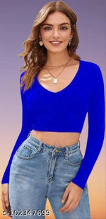 Casual Polyester Blend V-Neck Full Sleeves White Crop Top (17
