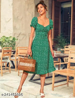 Casual Polyester Blend Puff Sleeves V-Neck Knee Legnth Drawstring Dress (41