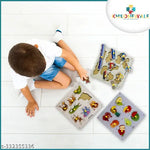Set of 4 Wooden Knobbed Puzzle Include Wild Animal, Fruits, Transport, Vegetables - Wooden puzzle toys | Best Birthday Gift for Kids Ages 3 to 8 (Size 23x30 CM) Multicolor