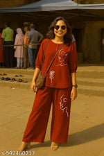 Trendy Women's Blue Denim Set – Embroidered Leaf Design – Top & Palazzo Pants Combo