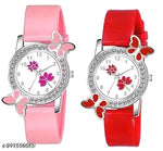 Isa Analogue Butterfly Flower Design Dial PU Strap Analog Girl's and Women's Watch (BLACK,PINK-Pack of 2)
