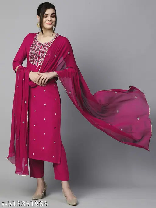 Viscose Rayon Kurta Pant Dupatta Set, Kurti Pant Dupatta Set, Kurta Set, Kurti Set, Solid kurta Set, fancy Kurta Set, Purple Kurta Pant Set, Embroidered Kurta Set, Ethnic Set, Latest Kurta Set, Designer Kurta Set, Women Kurta Set