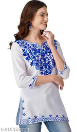 Rayon Short Kurti for Women | Embroidery Notch Neck | Three-Quarter Sleeve | Casual & Party Wear | Under 300 | Light fabrics | Summer wear | Summer kurti. Kashmiri Kurti Under 199
