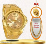 Rosra Golden Formal Watch For Men's Ring +Chain Freue (MOR RING+ CHAIN) For Men's