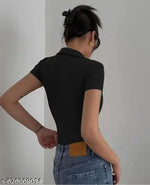 Stylish Women Collar Black Top Long Half sleeves