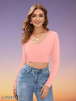 Casual Polyester Blend V-Neck Full Sleeves White Crop Top (17