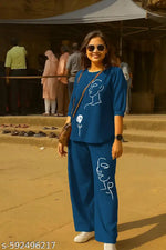 Trendy Women's Blue Denim Set – Embroidered Leaf Design – Top & Palazzo Pants Combo