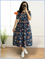 Women’s Black Printed Cotton Blend Fit & Flare Midi Dress | Puff Sleeve Casual A-Line Dress | Elegant Office, Party & Daily Wear Dress